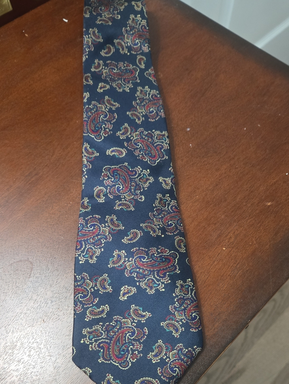 Dior Navy Silk Tie with Red and Gold Paisley